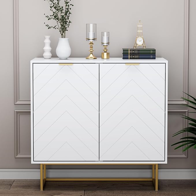 Scurrty Sideboard Buffet, Storage Cabinet with Golden Legs, White Sideboard Storage Cabinet with 2 Doors and Adjustable Shelf, Accent Cabinet for Living Room, Kitchen