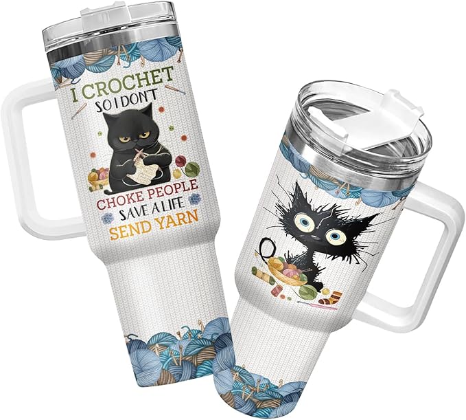 34HD Black Cat Tumbler with Handle & Straw, 40oz Vacuum Insulated Cat Coffee Cup, I Crochet So I Dont Choke People Mug, Crochet Lover Gifts for Birthday Mothers Day Christmas