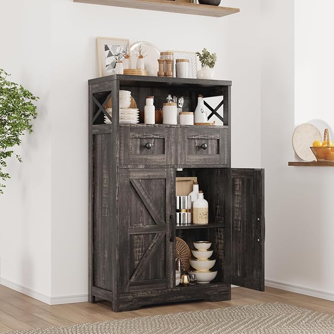 Farmhouse Storage Cabinet with Drawers and Shelf, Freestanding Kitchen Pantry Storage Cabinet, Floor Hutch Cupboard for Kitchen, Living Room, Home Office, Dark Rustic Oak