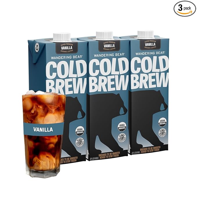 Wandering Bear Organic Vanilla Cold Brew Coffee - Extra Strong, Bold, Smooth, Unsweetened, Shelf-Stable, Ready to Drink, Gluten Free, & Vegan Iced Cold Brewed Coffee Drink - 32 fl oz, 3 pack