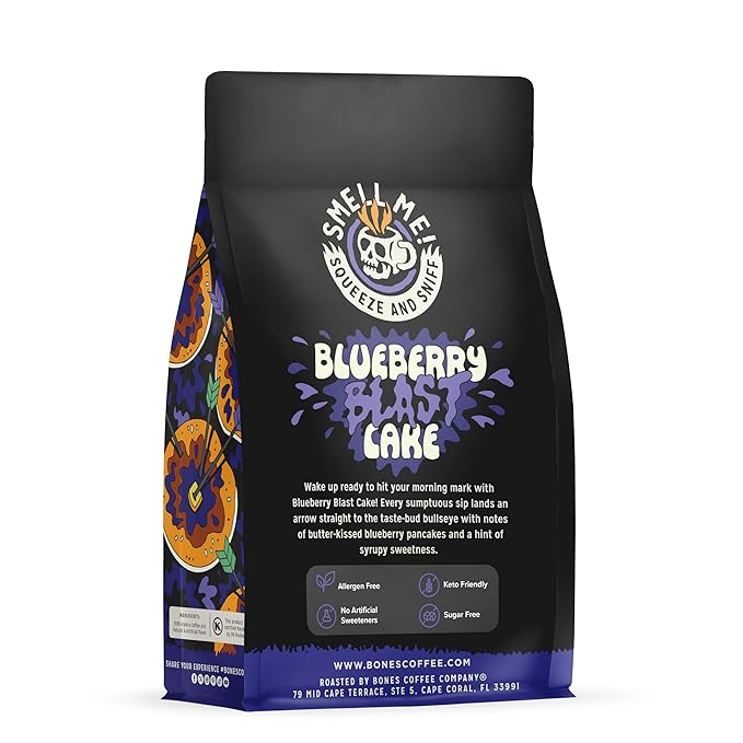 Bones Coffee Company Blueberry Blast Cake, Blueberry Pancakes Flavored Coffee, Medium Roast Low Acid Arabica Beans Compatible with Auto drip and French Press Coffee Maker, 12 Oz Ground