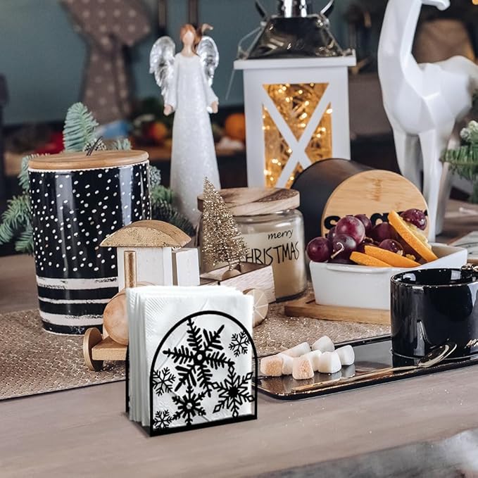 Christmas Snowflake Decorative Black Metal Napkin Holder for Table, 5.3" x 4.4" x 1.9" Winter Snowflake Standing Napkin Holder for Home Kitchen Restaurant Picnic Party Coffee Bar Dining Room