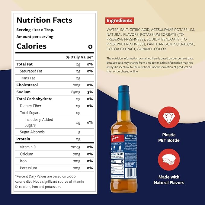 Torani Sugar Free Coffee Syrup, Peanut Butter Cup for Drinks, Zero Calorie, Pump Included, 25.4 Fl Oz
