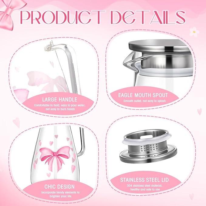 Domensi 74 oz / 2200 ml Glass Pitcher with Lid Water Pitcher with Handles Beverage Water Jar Glass Jug Hot and Cold Resistant Carafe for Tea Juice Milk Coffee Iced Beverage (Pink Bow)