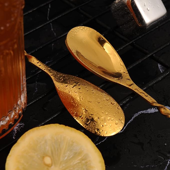 AnSaw Gold 10-Inch Stainless Steel Cocktail Spoon with Leaf Handle - Perfect for Mixing & Layering Drinks in Tall Cups, Bar & Shakers - Durable Long Handle Bar Stirrer,2-Pieces