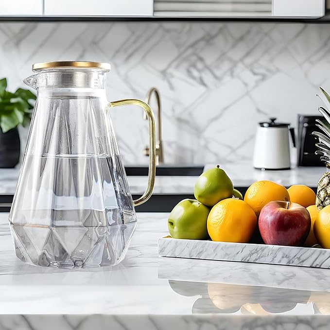 2L Borosilicate Glass Water Pitcher with Lid, 68oz Iced Tea/Coffee Carafe with Spout, Cold Brew Coffee Dispenser, Water Jug for Juice, Homemade Beverage, Diamond Cut Design for Refrigerator