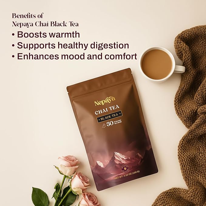 Nepaya Masala Chai – 50 Pyramid Black Tea Bags, Spiced with Ginger, Cardamom & Cinnamon, Biodegradable, High Caffeine, Himalayan Whole-Leaf