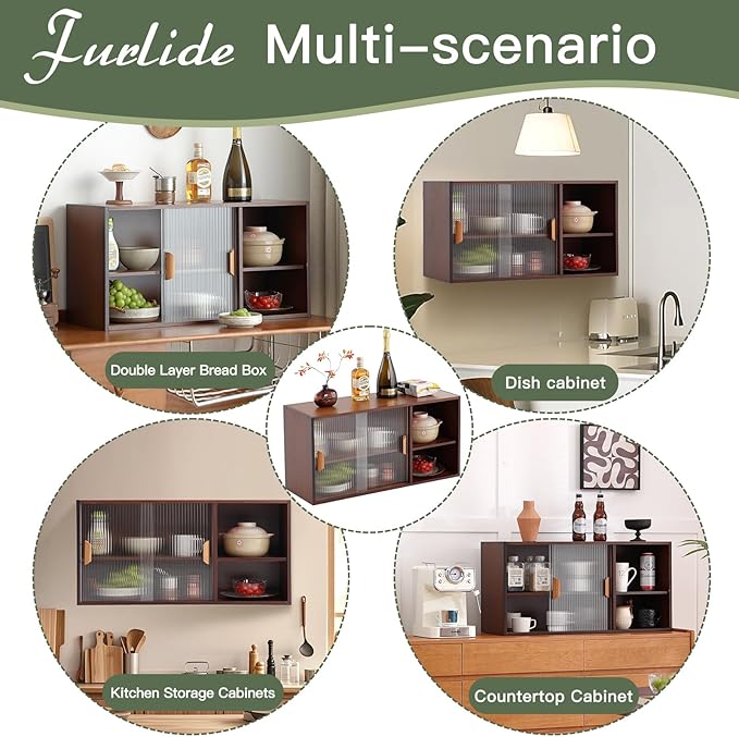 Wall Mounted Bamboo Countertop Storage Cabinet with Glass Door, Hanging Kitchen Cupboard with Adjustable Shelves, Small Pantry Sideboard for Dining Room, Bathroom, Walnut