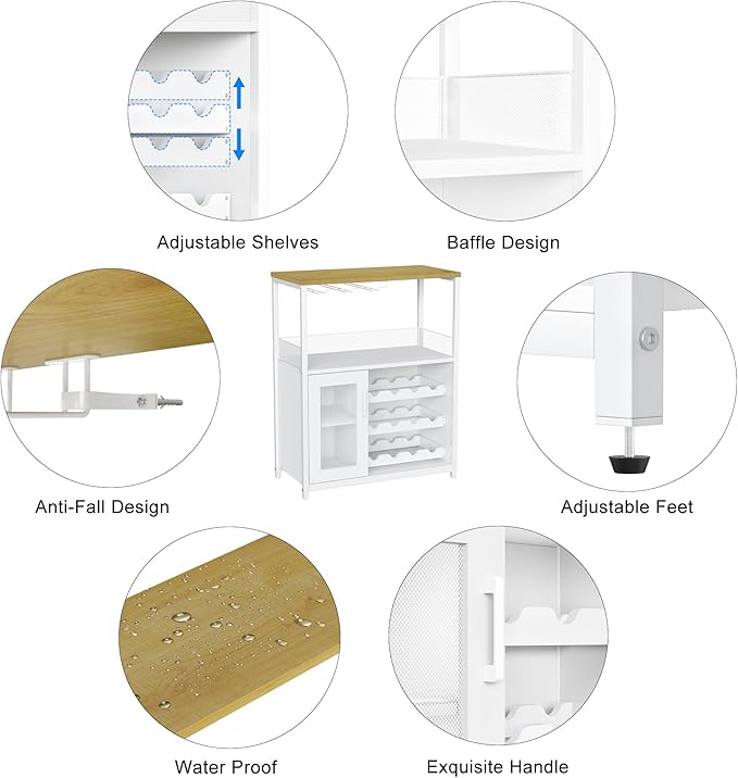 GarveeHome 3-Tier Wine Bar Cabinet with Detachable Wine Rack, Liquor Cabinet with Storage, Coffee Bar Cabinet with Glass Holder & Mesh Door, Sideboard Buffet Bar for Living Room, Dining Room, White