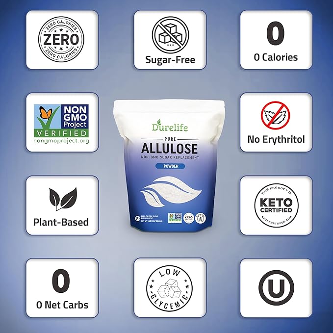 Durelife Allulose sweetener, 1 lb 100% Pure No Erythritol powdered Sugar Substitute, NON-GMO Project Verified, Keto Certified, OU kosher, No Fillers, Zero Calories sugar alternative 1 Lbs