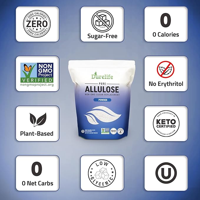 Durelife Allulose sweetener, 3 lb 100% Pure No Erythritol powdered Sugar Substitute, NON-GMO Project Verified, Keto Certified, OU kosher, No Fillers, Zero Calories sugar alternative 3 Lbs