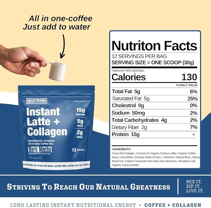 Strong Coffee Co. Dark Mocha Instant Latte | Organic Coffee with 15g Collagen Protein | Lion’s Mane & L-Theanine | Nootropic Instant Coffee | 12 Servings