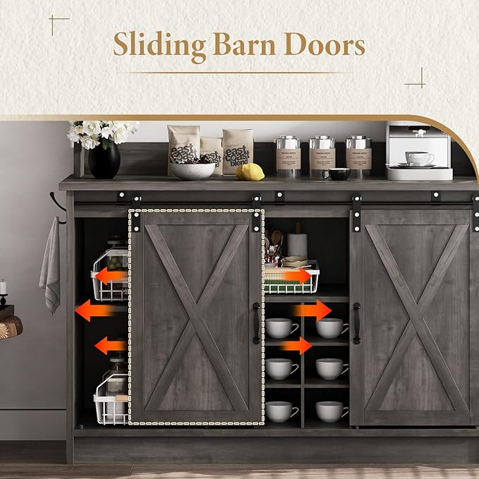 4ever2buy Farmhouse Coffee Bar Cabinet with Hutch, 47 Inch Wine Bar with Storage, Buffet Cabinet with Adjustable Shelves & 9 Wine Racks, Kitchen Buffet Cabinet for Dining Living Room, Grey