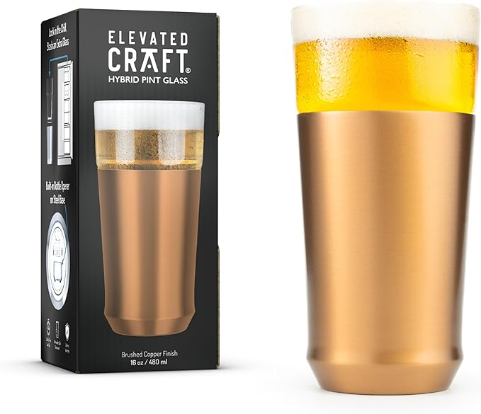 Elevated Craft Hybrid Vacuum Insulated Stainless Steel Base with Removable Pint Glass Insert, Ideal Insulation for Beers & Cold Beverages with Built-in Bottle Opener, Durable & Stylish, Copper (16 oz)