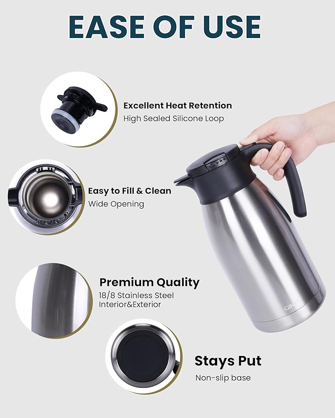 GiNT 64Oz Thermal Coffee Carafe, Insulated Stainless Steel Coffee Carafes for Keeping Hot/Double Walled Vacuum Thermal Carafe (Silver, 1.9L)