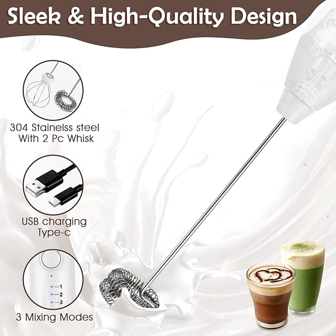 Milk Frother Handheld Rechargeable, Frother Wand Drink Mixer Electric Whisk for Coffee, Detachable With 2 Stainless Whisks, Hand Mixer for Lattes, Matcha, Egg, Gift for Christmas(White)