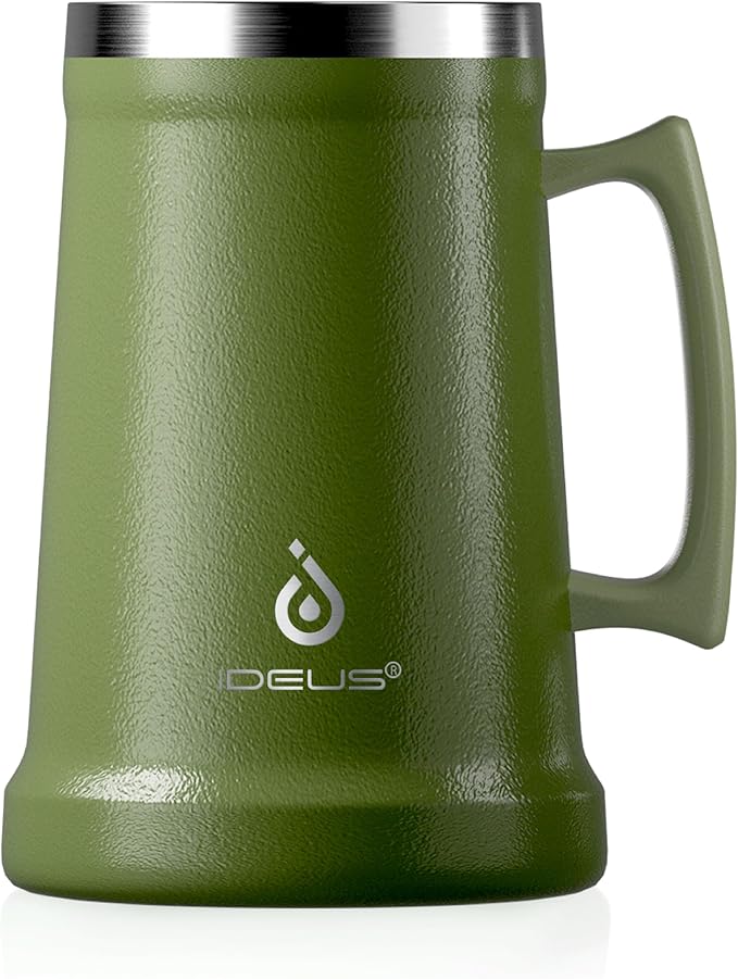 Ideus Insulated Beer Stein, 24/32oz Stainless Steel Double Walled Beer Mug Giant Bar Drinkware Metal Beer Cup with Big Grip Handle (Olive Green, 34oz (1,000ml))
