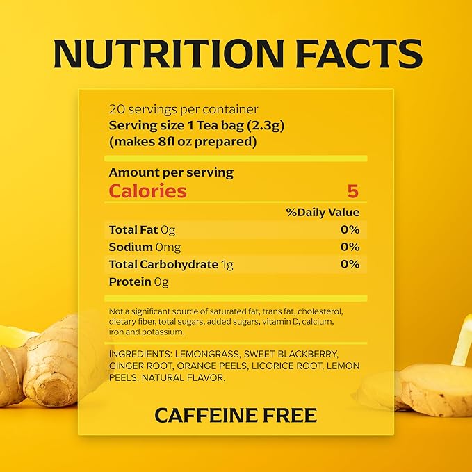 Lipton Lemon Ginger Tea Bags, Caffeine Free Tea, Refresh Fruit and Herbal Tea, Individually Wrapped, 80 Total tea Bags (20ct - Pack of 4)