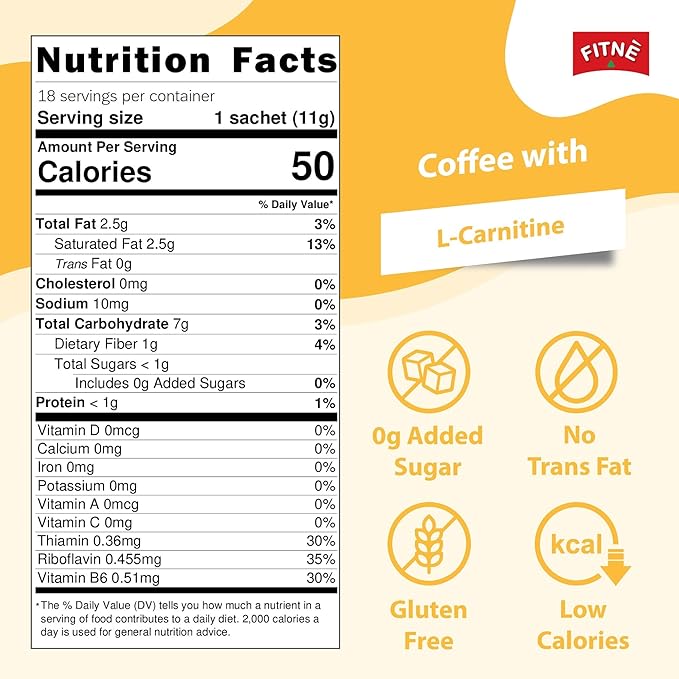 FITNE Instant 3 in 1 Coffee Packets Mix with L-Carnitine for Workout Exercise Vitamin B1 B2 B6 Smooth Blend No Sugar Sucralose Sweetener, 18 Sachets