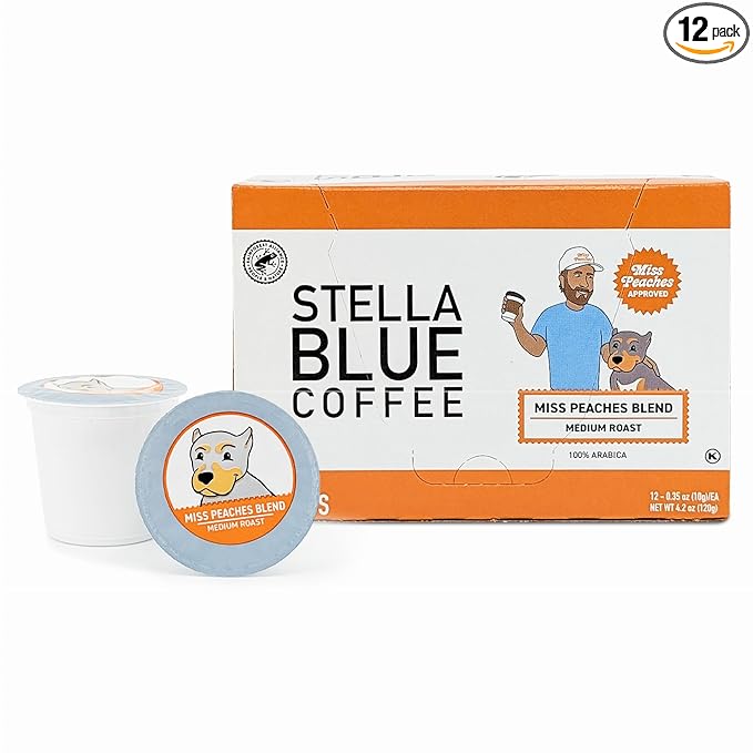 Stella Blue Coffee Pods, Miss Peaches Blend, Medium Roast Citrus Caramel, Fruity Notes 100% Arabica Beans, Ethically Sourced from Central and South America, 12 Recyclable K Cup Compatible Pods