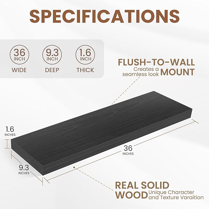 9.3 Inch Deep Floating Shelves, Black Solid Wood Floating Shelf Wall Mounted, 36 x 9 Large Display & Storage Shelves for Books, Living Room, Bathroom, Rustic Wooden Wall Shelves, Heavy-Duty, Set of 2