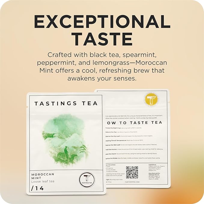 Tastings Tea Moroccan Mint Loose Leaf, 2 oz | Chinese Green Tea & Peppermint Blend | Light Caffeine | Crisp & Refreshing for Natural Digestion | Small Batch & Sustainably Sourced | Resealable Pouch