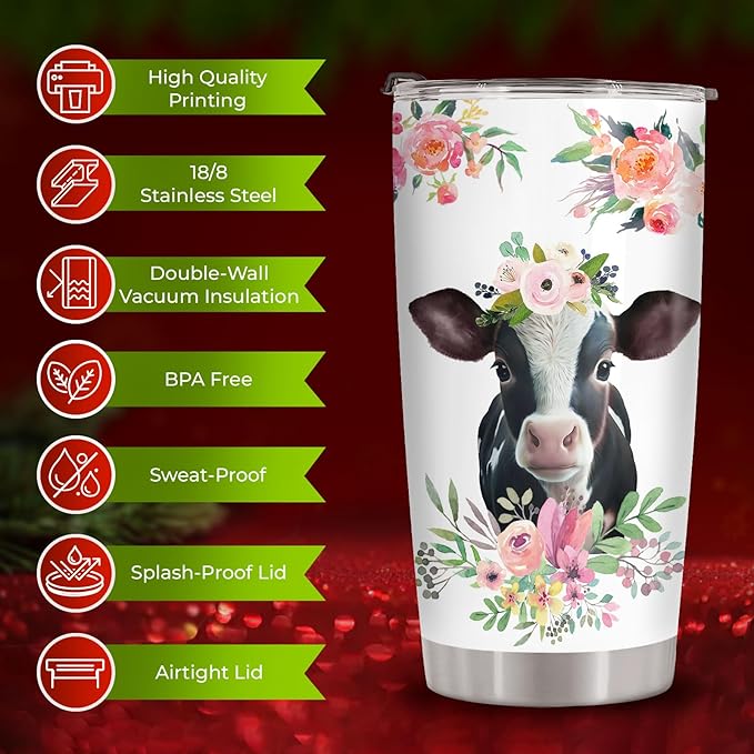34HD Just A Girl Who Loves Cow Tumbler with Lid, 20 oz Stainless Steel Farm Animal Drinking Cup, Cow Gifts for Women on Birthday, Christmas, Mothers Day, Annivesary