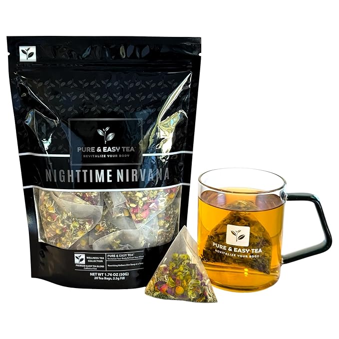 Pure And Easy Tea, Nighttime Nirvana, Sleep & Relaxation Herbal Tea, Caffeine-Free Whole-Leaf Blend with Chamomile, Lavender & Lemon Balm, Premium 20 Plant-Based Sachets