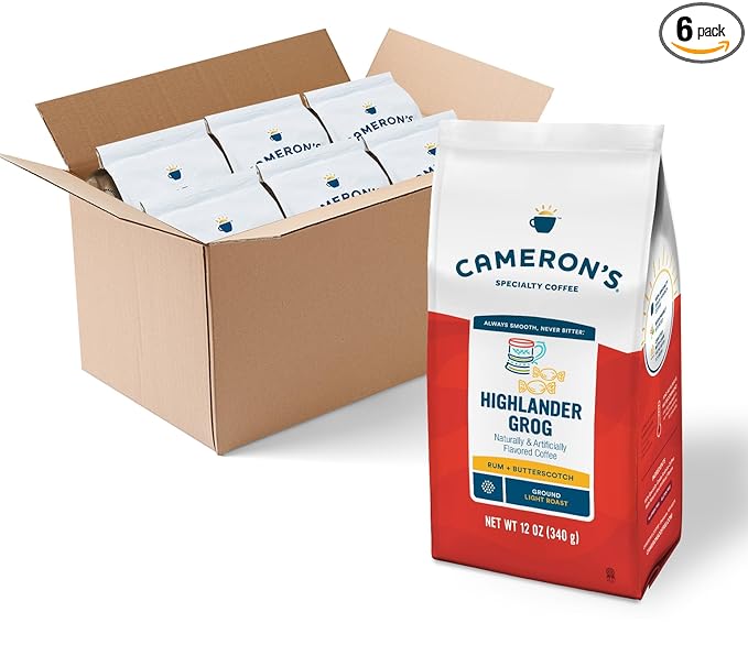 Cameron's Coffee Roasted Ground Coffee Bag, Flavored, Highlander Grog, 12 Ounce, Pack of 6