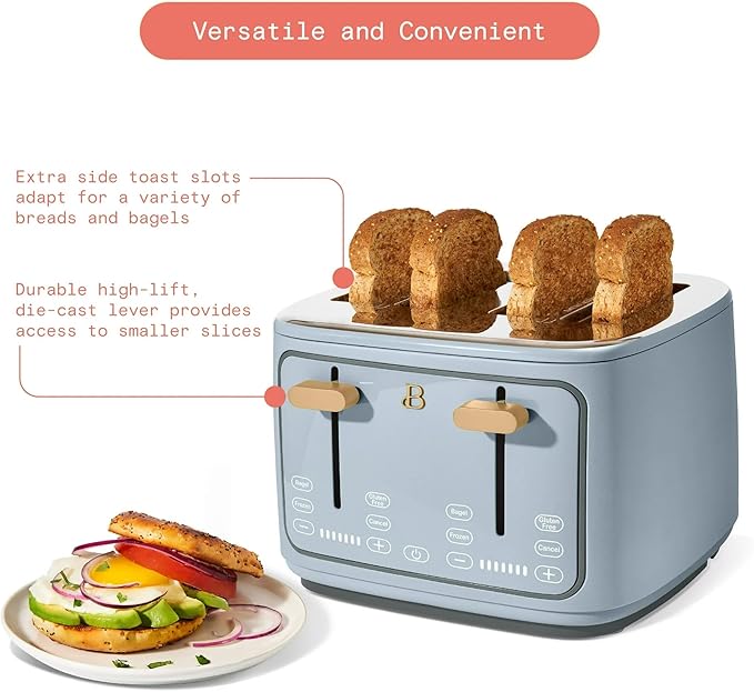 Beautiful 4 Slices Toaster with Touch-Activated Digital Display, Extra Wide Self-Adjusting Slots, Adjustable Shade Control, by Drew Barrymore (Blue)