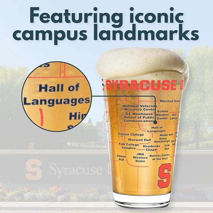 Greenline Goods – University of Syracuse Orange College Pint Beer Glasses (Set of 2), 16 oz – Full-Color Logo + Campus Map