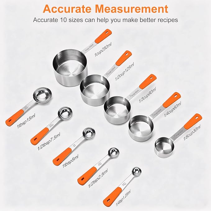 Measuring Cups and Spoons Set Stainless Steel 10 Piece for Cooking and Baking (5 Cups + 5 Spoons, Orange Handle)