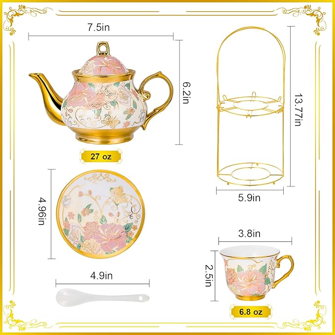 20 Pieces European Ceramic Tea Set for Adults With Metal Holder and Flower Painting (Large Cream Version)