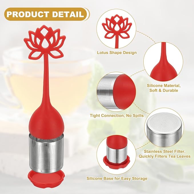 uxcell 2 Pcs Lotus Tea Infuser, Stainless Steel Loose Leaf Tea Steeper Filter with Silicone Handle Reusable Thin Pores Mesh Strainer Diffuser for Teacups Teapots Mugs, Red