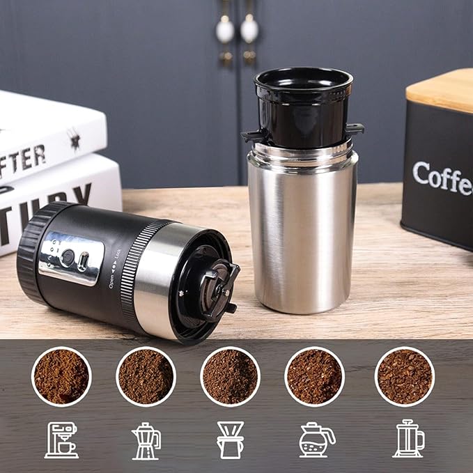 SOTECH 3 in 1 Portable Coffee Maker Electric Burr Coffee Grinder Black Pour Over Kettle Coffee Bean Storage For Travel Hiking Picnic Camping