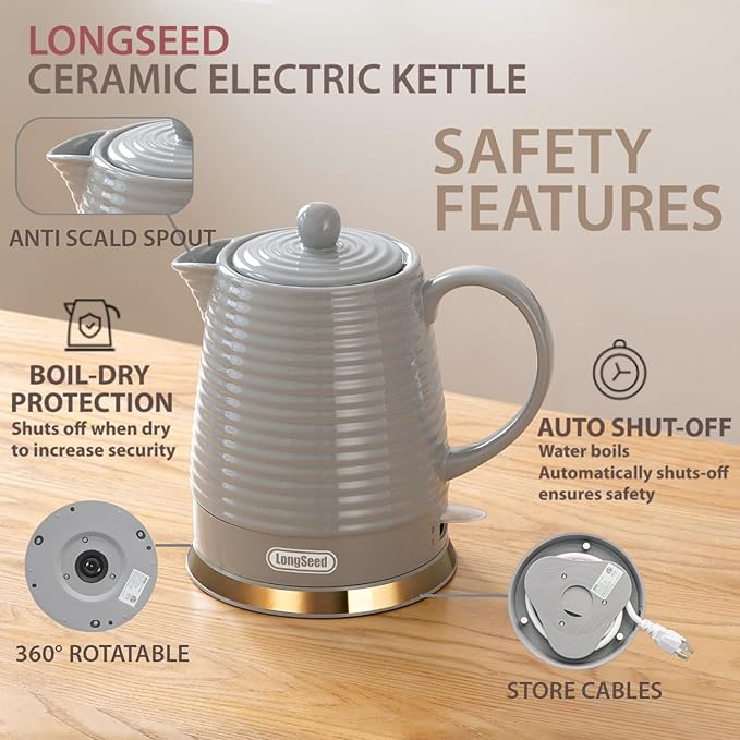 1.2 Liter Ceramic Electric Kettle Pot with Infuser & Mug, 1000W Boil Water Teapot, Fast Boiling, Boil-Dry Protection, Automatic Shut-Off, Rotatable Base
