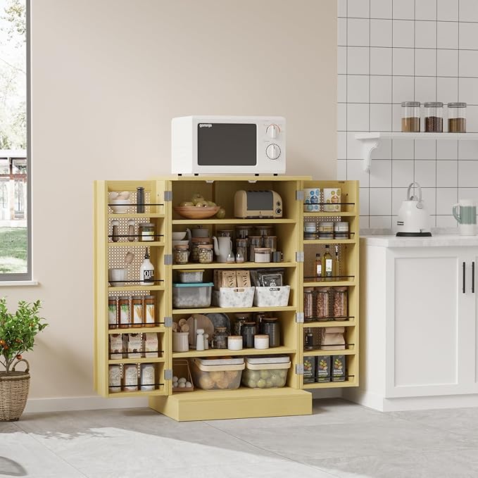 VINGLI Pantry Cabinet, Rattan Kitchen Storage Cabinet with 2 Doors and Adjustable Shelves, 40.5" H Food Storage Freestanding Cupboard for Small Space in Dining Room, Living Room