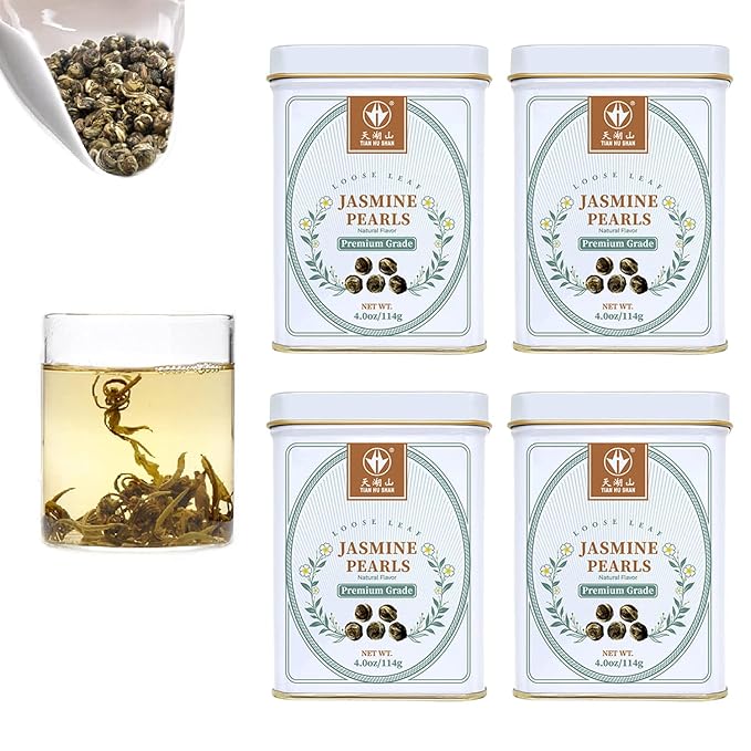 TIAN HU SHAN Jasmine Dragon Pearls Green Tea Loose Leaf 4 Ounce (Pack of 4) 114g*4tins