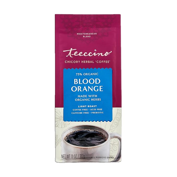 Teeccino Blood Orange Chicory Coffee Alternative - Ground Herbal Coffee That’s Prebiotic, Caffeine Free & Acid Free, Light Roast, 11 Ounce (Pack of 3)