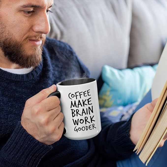 Veracco Coffee Make Brain Work Gooder Mug Funny Coffee Lover Gift Humorous Idea Family Friends Birthday Presents Sarcastic Office Tea Cup Caffeine Addict Brain Booster Gooder Vibes