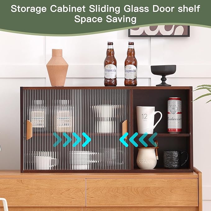 Wall Mounted Bamboo Countertop Storage Cabinet with Glass Door, Hanging Kitchen Cupboard with Adjustable Shelves, Small Pantry Sideboard for Dining Room, Bathroom, Walnut