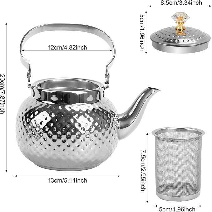 Hammered Tea Kettle, Stainless Steel Tea/Coffee Pot Loose Leaf Teapot for Tea, Milk, Coffee, 1.2L Teapot with Strainer Stovetop Tea Kettle, Outdoor Travel Supplies, Gift For Tea (Silver)