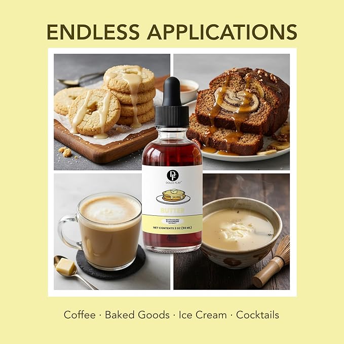 Dolce Flav Butter Extract – 2 Ounce Water-Soluble Kosher, Sugar-Free, Concentrated Imitation Butter Flavor for Baking, Cookies & Frostings, Includes Measured Dropper