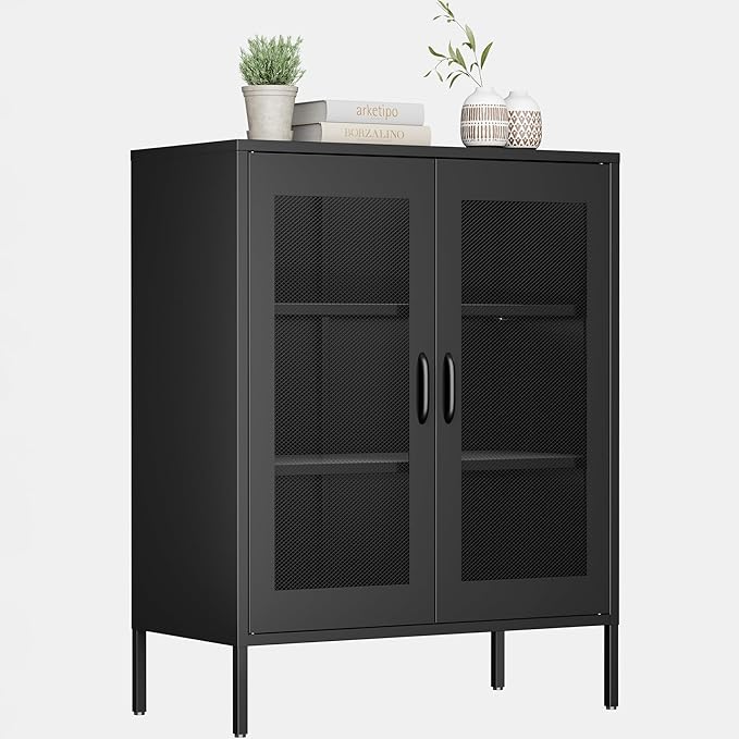 Bathroom Floor Storage Cabinet,40" H Metal Locker, Small Black Cabinets with 2 Adjustable Shelves & 4 Doors,Freestanding Sideboard,Pantry Food Cabinet for Hallway,Home Office, Kitchen
