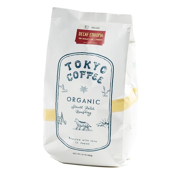 TOKYO COFFEE Ethiopia Moka Organic Decaf Coffee Beans - 24 oz Medium Dark Roast Whole Bean - Smooth & Bold Flavor, Mountain Water Decaffeinated