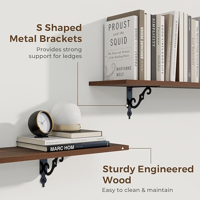 RICHFOCUS Floating Shelves for Wall Decor, 39.4W x 8D Shelves Set of 2, 8 Inch Deep Rustic Wood Shelves Wall Mounted with Brackets, Long Floating Shelves for Living Room Bedroom Kitchen, Walnut