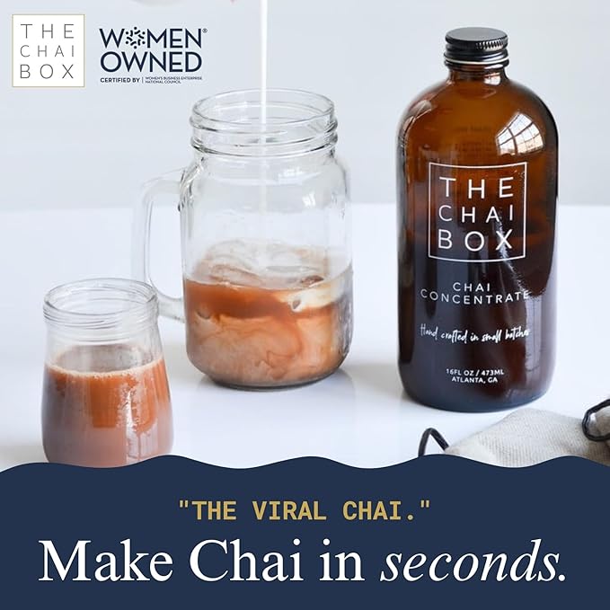 The Chai Box Sweetened Chai Tea Concentrate - Vegan, Gluten Free Chai Concentrate | 16 Ounce (Pack of 2) | Hot or Iced Black Tea Concentrate, Small Batch with Whole, Premium Spices