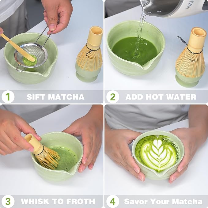 Matcha Whisk Set, Premium Ceramic Bowl with Spout, Bamboo Whisk, Chasen Holder, Sifter, Scoop, Complete Tea Making Kit for Matcha Lovers Christmas, Beginner Starter Set Matcha Tea Gift Green