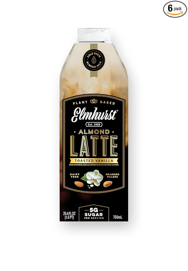Elmhurst 1925 Toasted Almond Vanilla Latte – Plant-Based, Vegan, Dairy-Free Plant Milk Latte Made of Cold Brew Premium Arabica with 95mg Caffeine & Madagascar Vanilla – 25.4oz (Pack of 6)