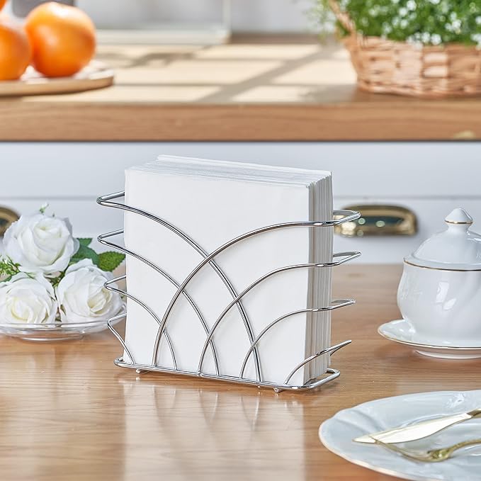 Napkin Holder for Table – Silver Iron Upright Napkin Dispenser for Paper Napkins, Napkin Dispenser for Kitchen Dining, Cocktail Picnic Bar Modern Kitchen and Dining Decor, Servilletero